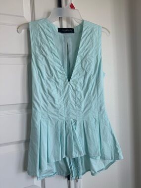 Thakoon Mint Aqua V-Neck Pleated Peplum Blouse Size 2